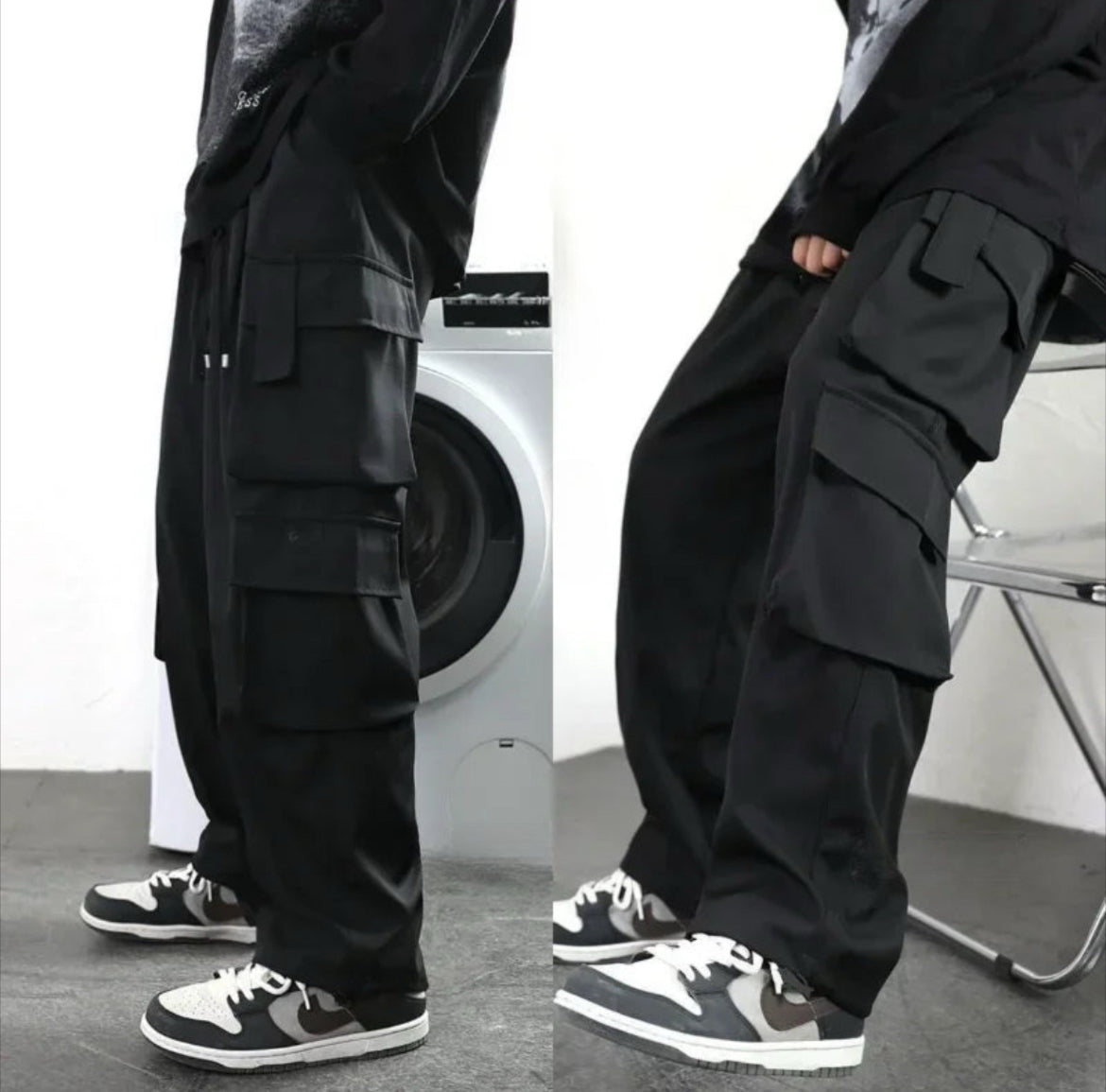 Hipster Men’s Black American Loose Fit Cargo Pants | High Street Wide Leg Casual Pants