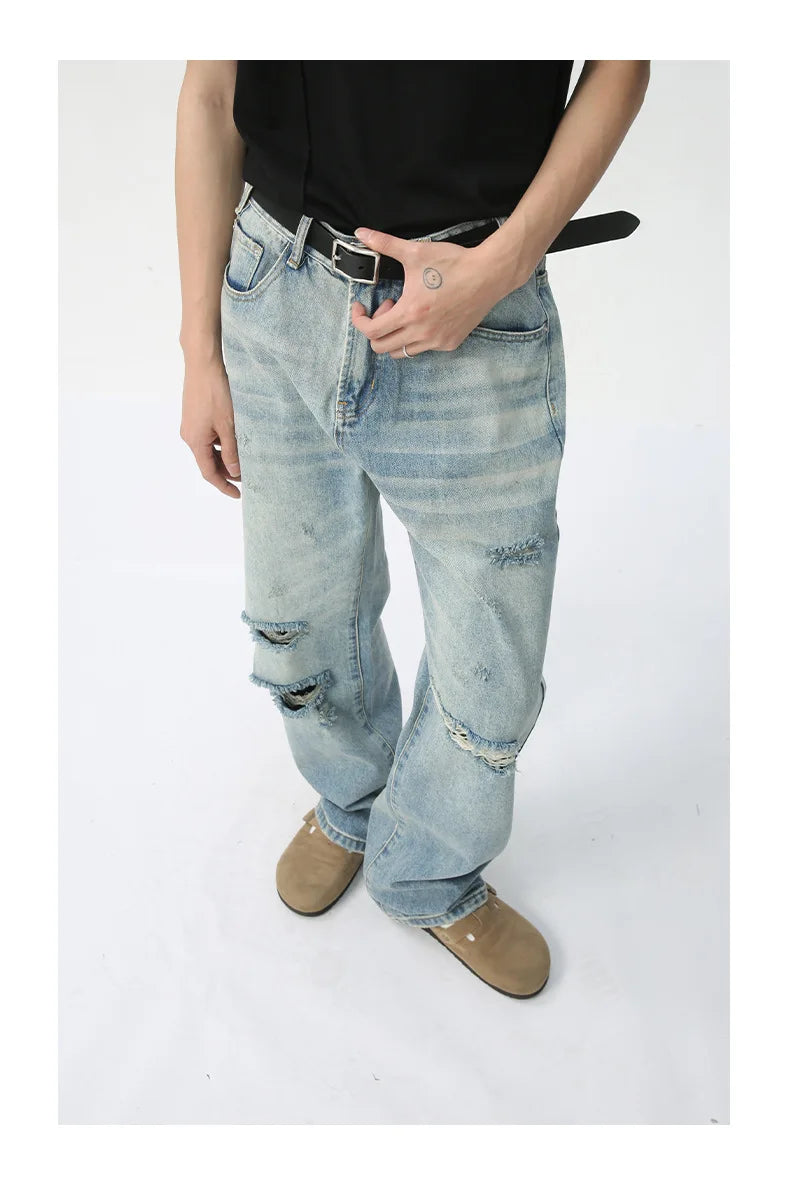 Premium High Street Men’s Washed Ripped Straight Jeans | Casual Zipper Denim Pants | Trendy Streetwear Unisex