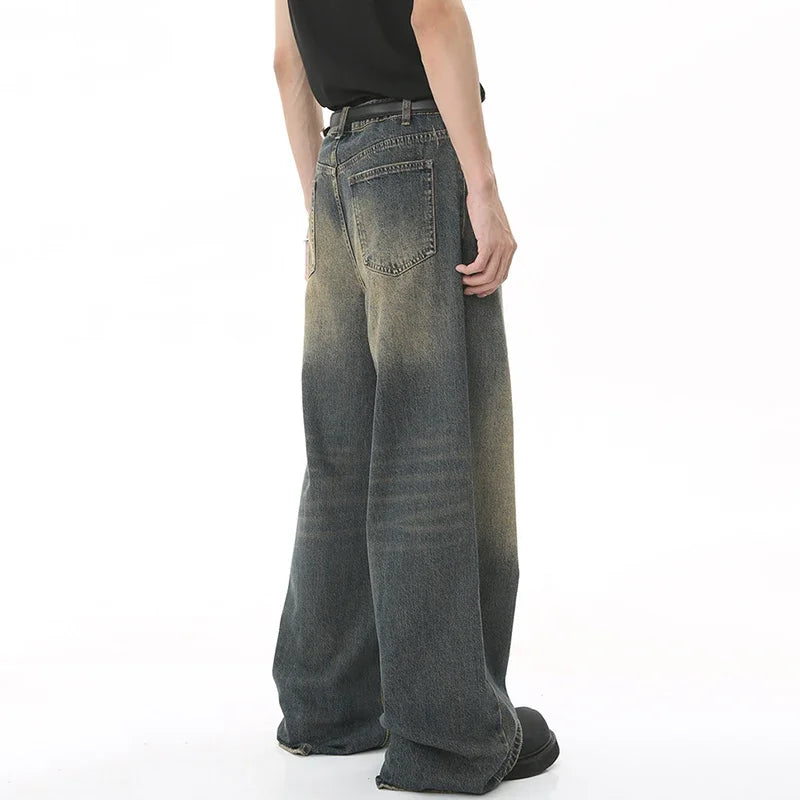 Unisex Streetwear Washed Denim Jeans - Casual Baggy Straight Wide Leg Trousers, Summer 2024 Old Blue