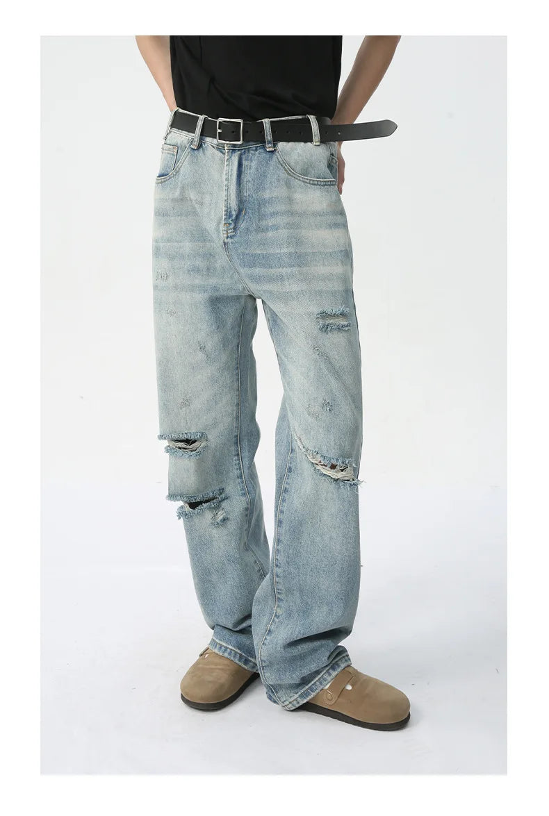 Premium High Street Men’s Washed Ripped Straight Jeans | Casual Zipper Denim Pants | Trendy Streetwear Unisex