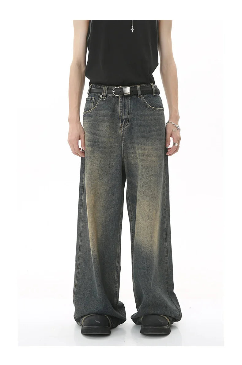 Unisex Streetwear Washed Denim Jeans - Casual Baggy Straight Wide Leg Trousers, Summer 2024 Old Blue