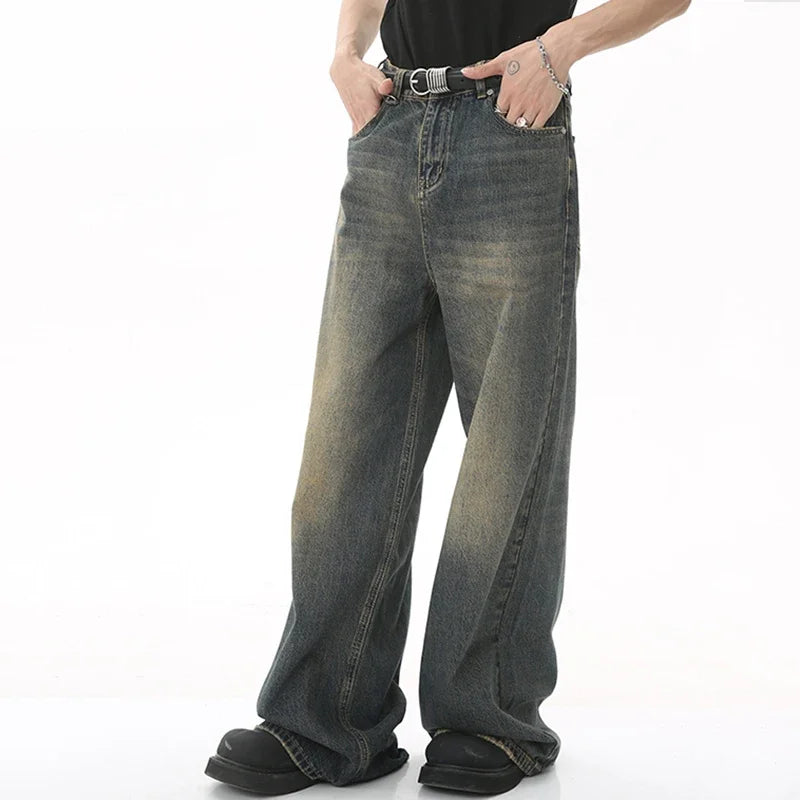 Unisex Streetwear Washed Denim Jeans - Casual Baggy Straight Wide Leg Trousers, Summer 2024 Old Blue