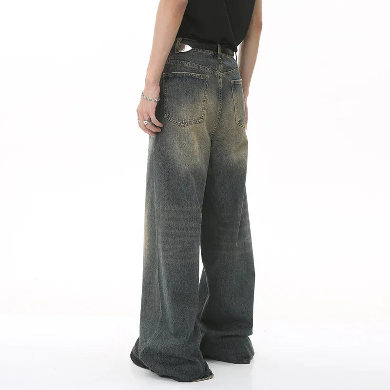 Unisex Streetwear Washed Denim Jeans - Casual Baggy Straight Wide Leg Trousers, Summer 2024 Old Blue