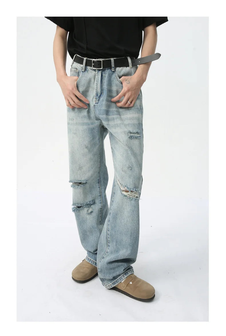 Premium High Street Men’s Washed Ripped Straight Jeans | Casual Zipper Denim Pants | Trendy Streetwear Unisex