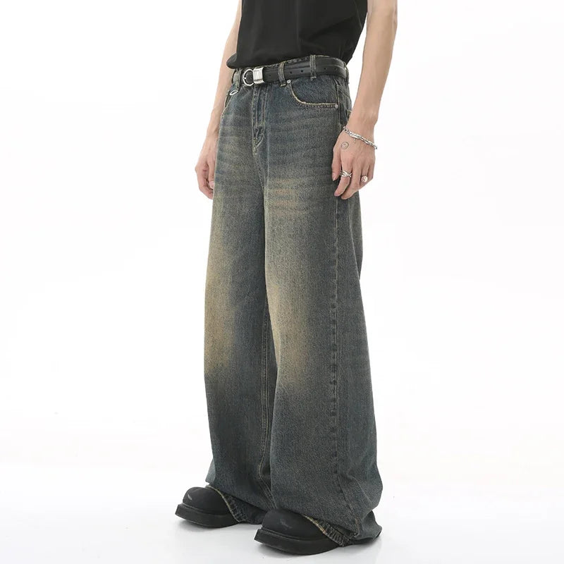 Unisex Streetwear Washed Denim Jeans - Casual Baggy Straight Wide Leg Trousers, Summer 2024 Old Blue